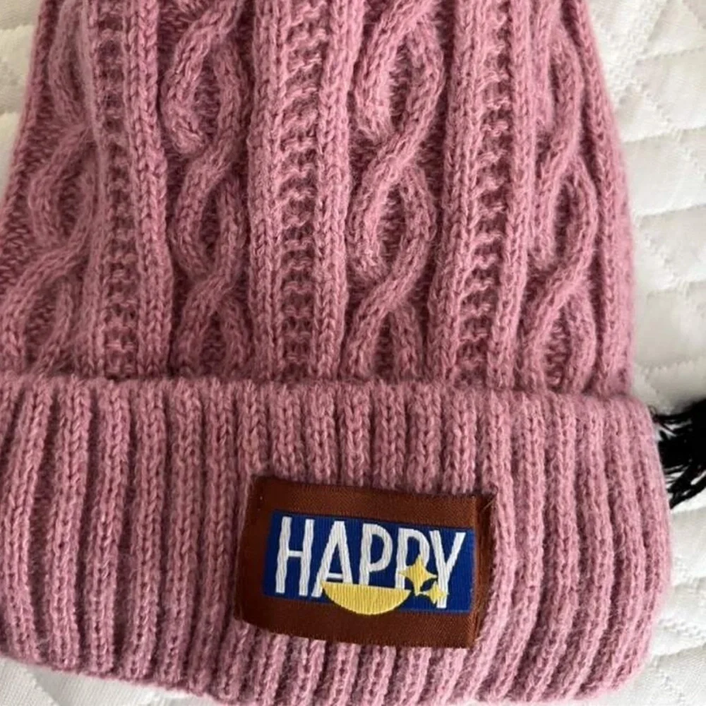 Pink Knit Beanie with Pom Pom and HAPPY Patch – Cozy Winter Hat for Women mt39